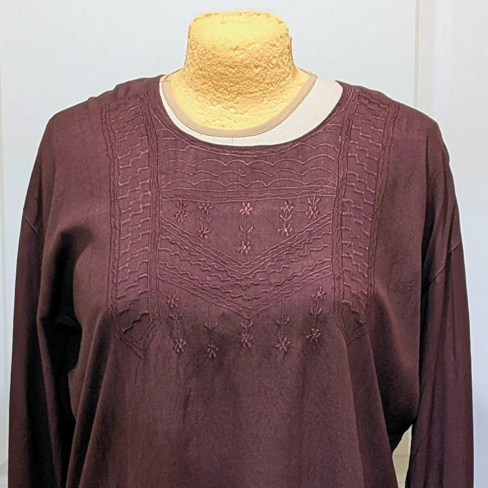 NWOT Beckwoman XL Oxblood Embroidered Double Button Collar Boho Tunic Blouse - Picture 2 of 8